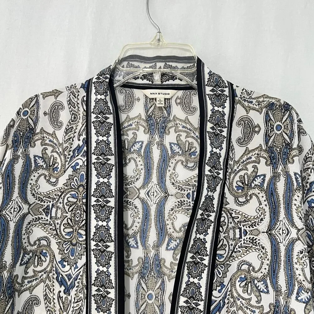 Max Studio Kimono Cardigan Large Black Blue Paisley Open Front Boho - Picture 2 of 9
